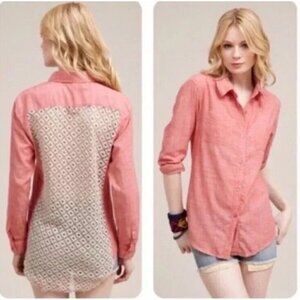 Free People Size XS Salmon Pink Lace Crochet Back Button Down Shirt